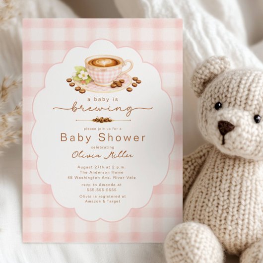 Pink Baby Is Brewing Coffee Baby Shower Invite 招待状