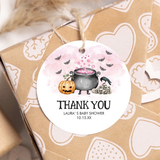 Pink Baby is Brewing Halloween Baby Shower Round フェイバータグ