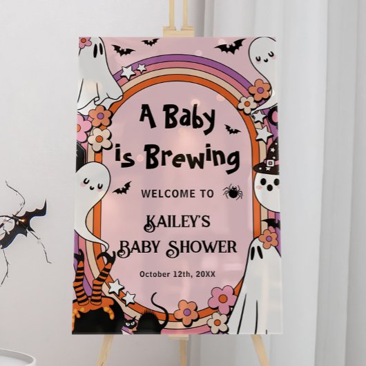 Pink Baby is Brewing Halloween Baby Shower Welcome アクリルサイン