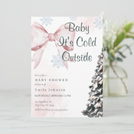 Pink Baby It's Cold Outside Bow Girl Baby Shower 招待状