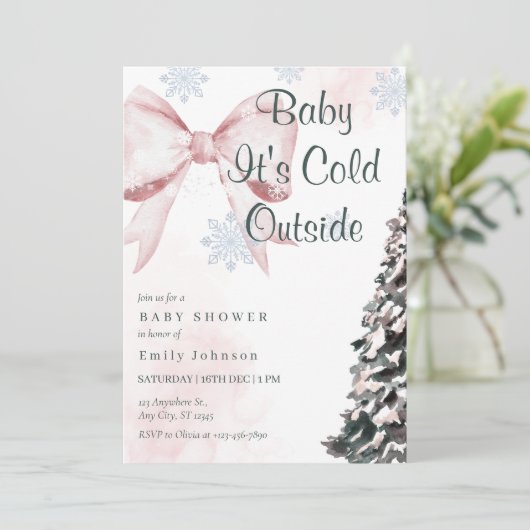 Pink Baby It's Cold Outside Bow Girl Baby Shower 招待状 (スタンド正面)