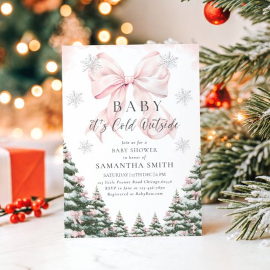 Pink Baby It's Cold Outside Bow Girl Baby Shower 招待状