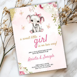 Pink baby shower invitation with a cute elephant 招待状