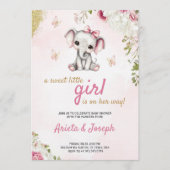 Pink baby shower invitation with a cute elephant 招待状 (正面)