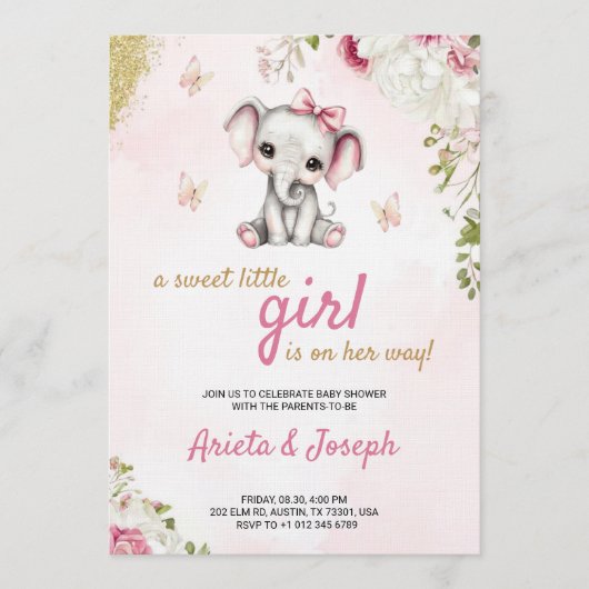 Pink baby shower invitation with a cute elephant  招待状 (正面)