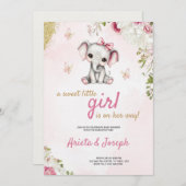 Pink baby shower invitation with a cute elephant  招待状 (正面/裏面)