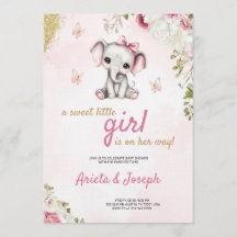 Pink baby shower invitation with a cute elephant 