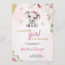 Pink baby shower invitation with a cute elephant  招待状