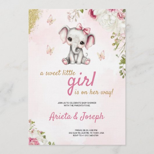 Pink baby shower invitation with a cute elephant  招待状 (正面)