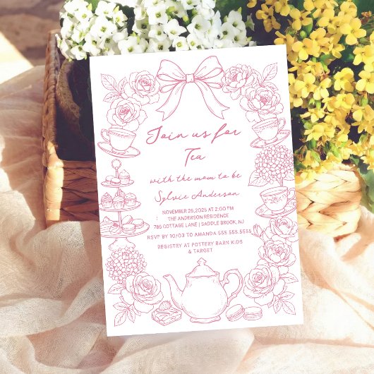 pink baby shower tea bow Hand Drawn coquette 招待状