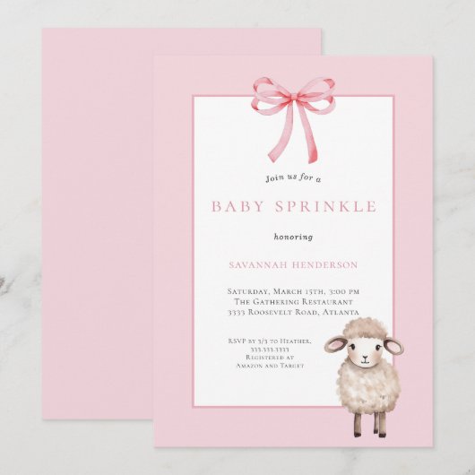 Pink Baby Sprinkle with Bow & Cute Lamb 招待状 (正面/裏面)