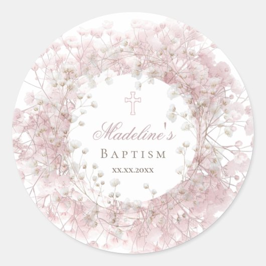 pink baby's breath Baptism ラウンドシール (正面)