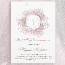 Pink Baby's Breath flowers First Holy Communion 招待状