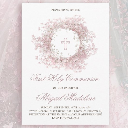 Pink Baby's Breath flowers First Holy Communion 招待状