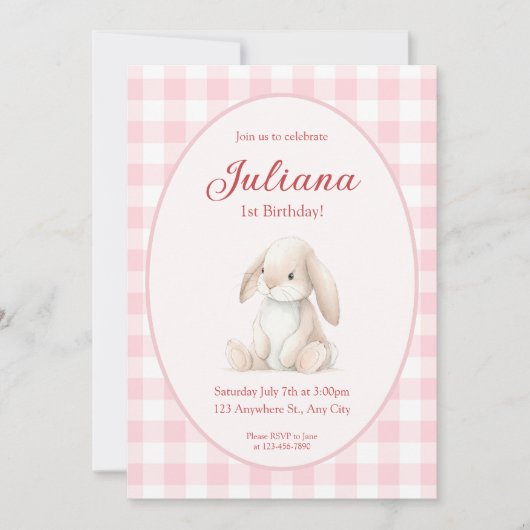 Pink Babys First Birthday Bunny Invitation 招待状 (正面)
