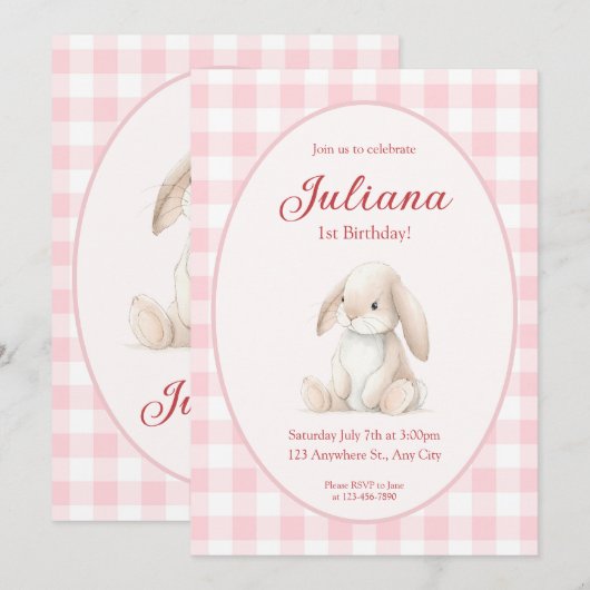 Pink Babys First Birthday Bunny Invitation 招待状 (正面/裏面)