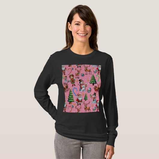 Pink Background Christmas Decorative Pattern Tシャツ (正面フル)