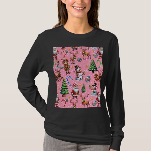 Pink Background Christmas Decorative Pattern Tシャツ (正面)