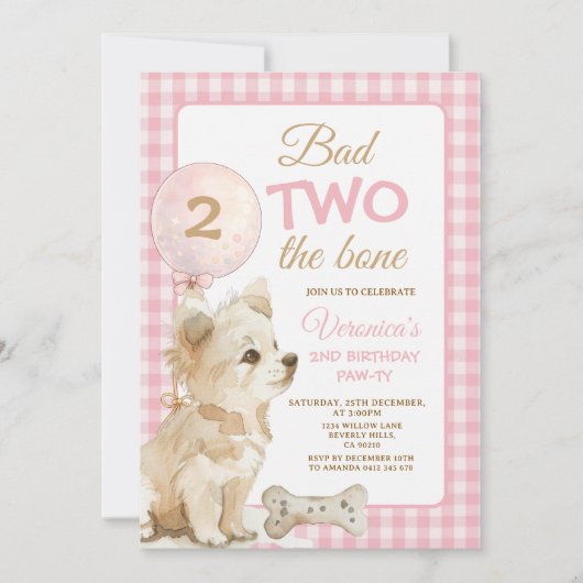 Pink Bad Two the Bone Puppy Birthday Pawty Gingham 招待状 (正面)