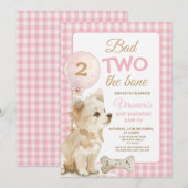 Pink Bad Two the Bone Puppy Birthday Pawty Gingham 招待状 (正面/裏面)