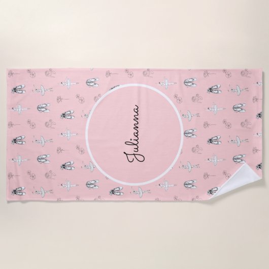 Pink Ballerina and Flowers ビーチタオル (正面)