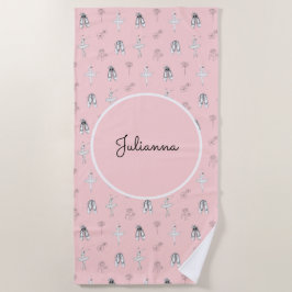 Pink Ballerina and Flowers ビーチタオル