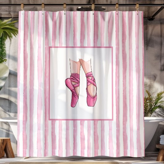 Pink Ballet Shoes with Watercolor Stripes シャワーカーテン