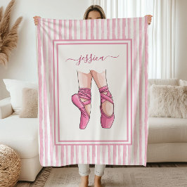 Pink Ballet Shoes with Watercolor Stripes フリースブランケット