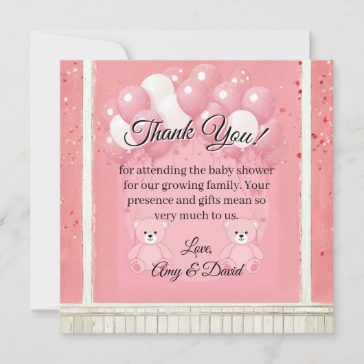Pink Ballon and Teddy Bear Thank You Card サンキューカード (正面)
