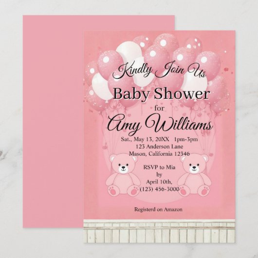 Pink Balloon baby shower Invitation 招待状 (正面/裏面)