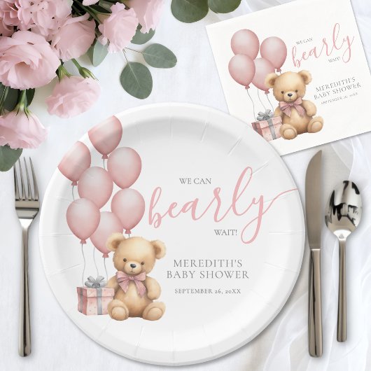 Pink Balloon Bear Baby Shower ペーパープレート