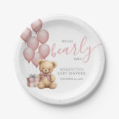 Pink Balloon Bear Baby Shower ペーパープレート (正面)