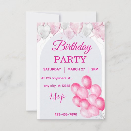 Pink Balloon Birthday Party Invitation Watercolor 招待状 (正面)