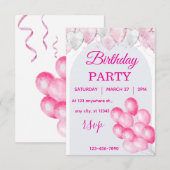 Pink Balloon Birthday Party Invitation Watercolor 招待状 (正面/裏面)
