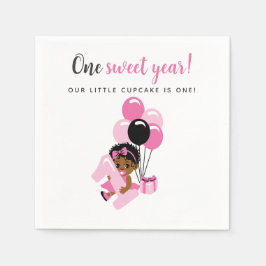 Pink Balloon Black Baby Girl 1st Birthday スタンダードカクテルナプキン