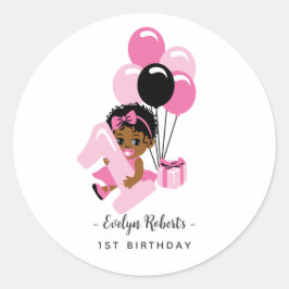 Pink Balloon Black Baby Girl First Birthday ラウンドシール