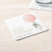 Pink Balloon, Eucalyptus, Greenery, Baby Shower スクエアペーパーコースター (アングル)