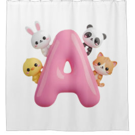 Pink Balloon Letter A Forest Animals Baby  シャワーカーテン