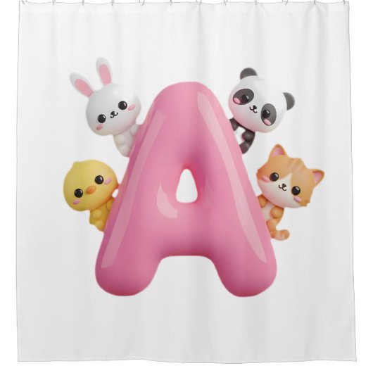Pink Balloon Letter A Forest Animals Baby  シャワーカーテン (正面)