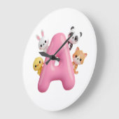 Pink Balloon Letter A Forest Animals Kids  ラージ壁時計 (傾斜)