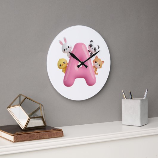 Pink Balloon Letter A Forest Animals Kids  ラージ壁時計 (オフィス)