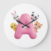 Pink Balloon Letter A Forest Animals Kids  ラージ壁時計 (正面)