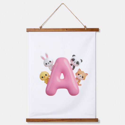 Pink Balloon Letter A Forest Animals Wall Tapestry 吊り下げ型タペストリー (正面)