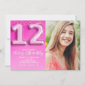 Pink Balloon Number 12 Girl's Birthday with Photo  招待状 (正面)