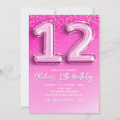 Pink Balloon Numbers 12th Birthday for Girl 招待状 (正面)