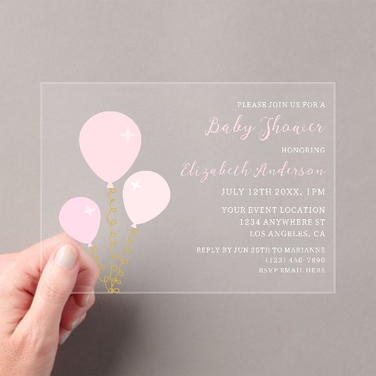 Pink Balloons Girl Baby Shower アクリル招待状 (インサイチュ (ポータブル))
