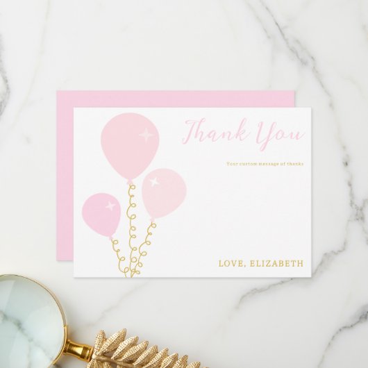 Pink Balloons Girl Baby Shower サンキューカード (正面/裏面インサイチュ)