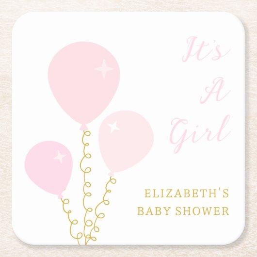 Pink Balloons Girl Baby Shower スクエアペーパーコースター (正面)