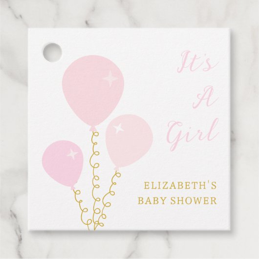 Pink Balloons Girl Baby Shower フェイバータグ (正面)