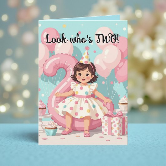 Pink Balloons 'Look Who's TWO! Girl's 2nd Birthday カード
